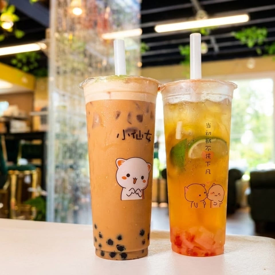 Two bubble tea drinks, one milk tea and one fruit tea, on a table in a cafe.