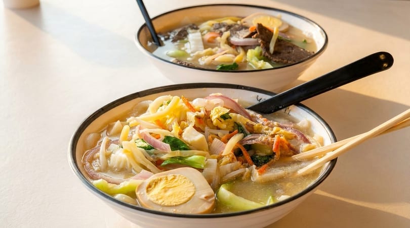 Two bowls of ramen with noodles, vegetables, meat, and a hard-boiled egg, with chopsticks.