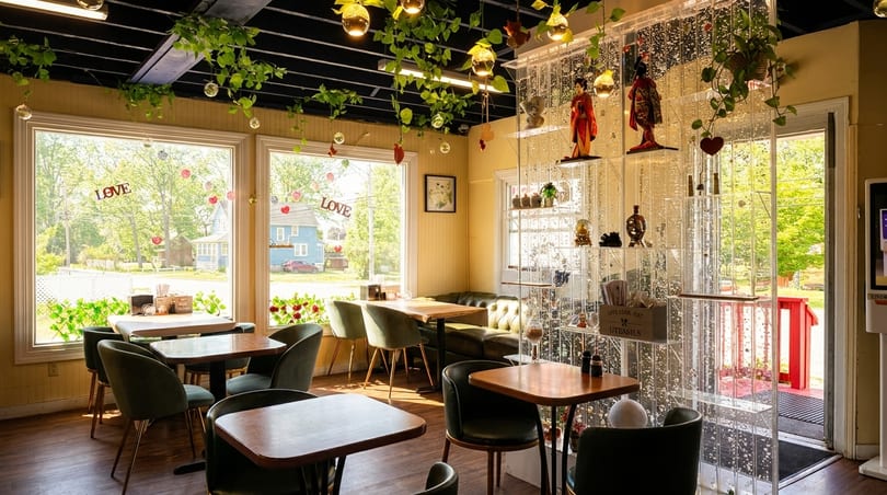 Cozy restaurant interior with green chairs, wooden tables, large windows, and hanging plants with lights.