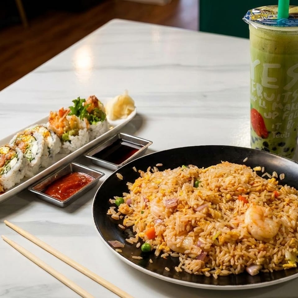 Sushi rolls, shrimp fried rice, and a green bubble tea on a white marble table.